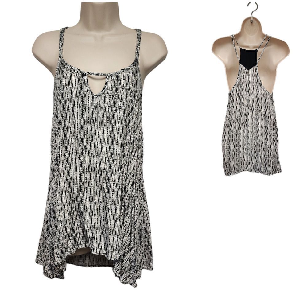 L*Space Boho Print Strappy Trapeze Tank Keyhole Front Black White Tunic Blouse M